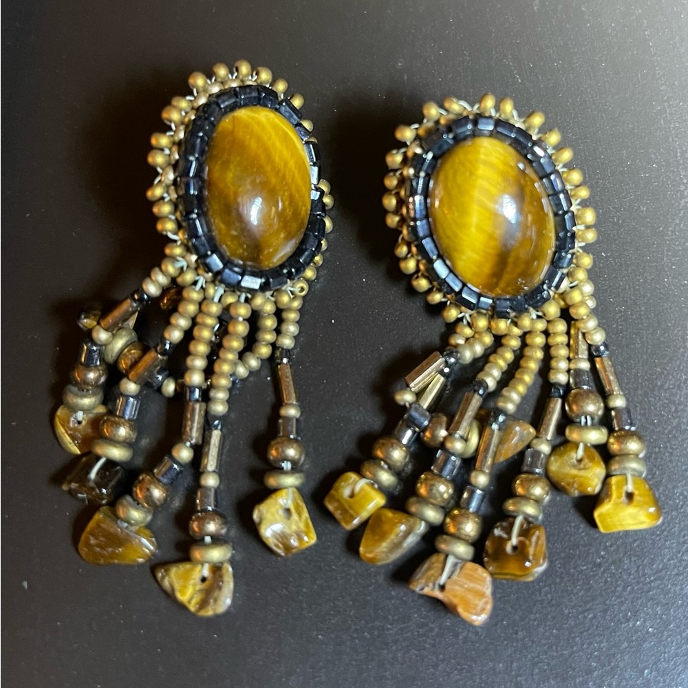 60’s Vintage Boho Tigers Eye-Leather beaded dangle earrings
